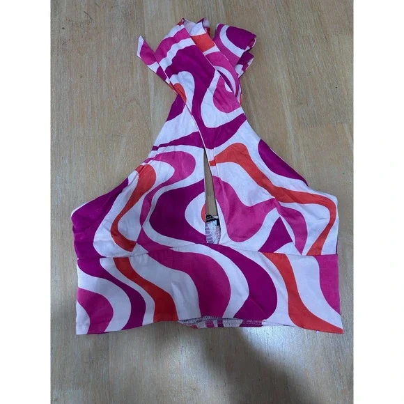 Zara Pink Orange Psychedelic Swirl Halter Top & Wide Leg Pants Set M Disco Retro - Picture 2 of 16